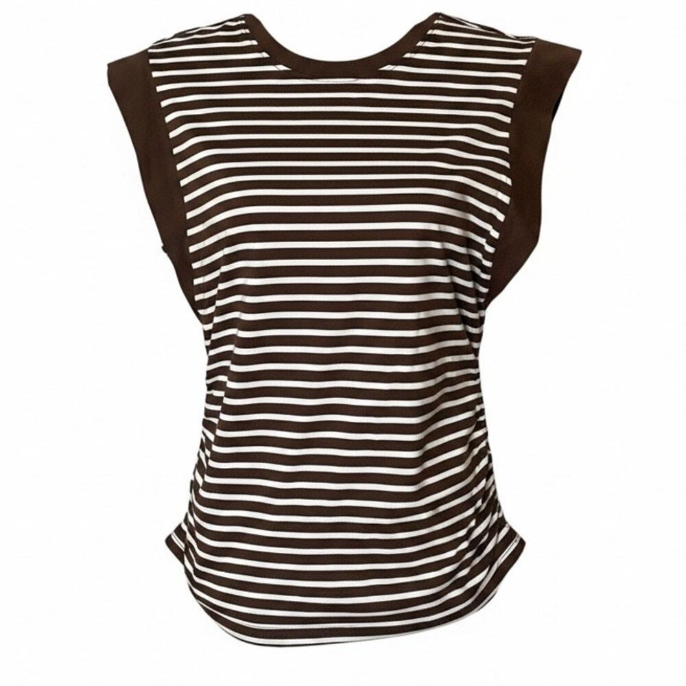 Marc New York Jeans Brown White Stripe Side Ruched Cap Sleeve Size M